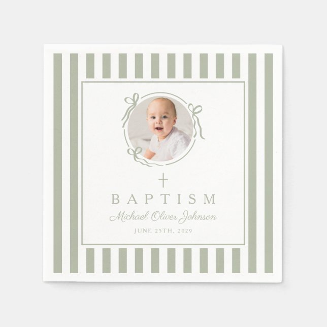 Modern Sage Green Religius Photo Boy Baptism Napkin (Front)