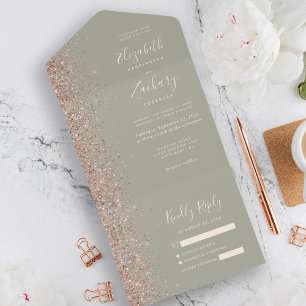 Modern Sage Green Rose Gold Glitter Wedding All In One Invitation