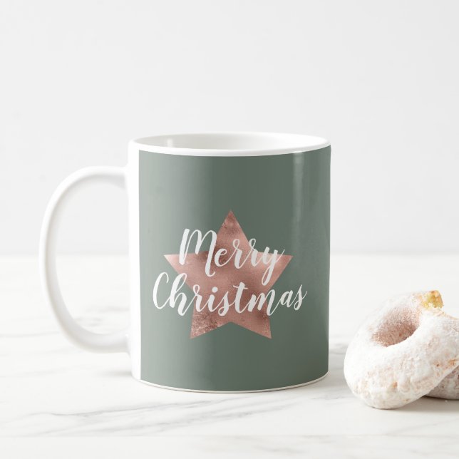 Modern Sage Green Rose Gold Star Christmas Coffee Mug (With Donut)