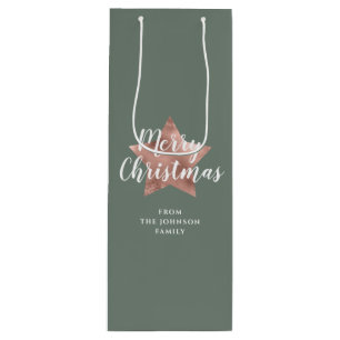Modern Sage Green Rose Gold Star Christmas Wine Gift Bag