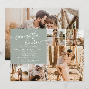 Modern sage green script 6 photos wedding invitation