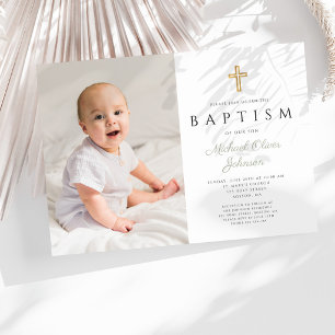 Modern Sage Green Script Cross Photo Baptism Invitation