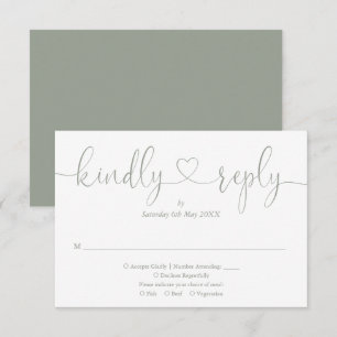 Modern Sage Green Script Heart Kindly Reply RSVP Card