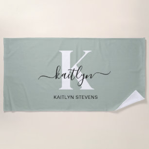 Modern Sage Green Script Monogram Beach Towel