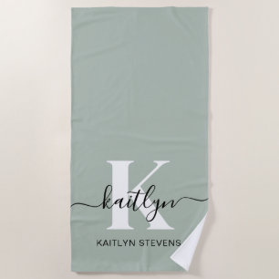 Modern Sage Green Script Monogram Beach Towel