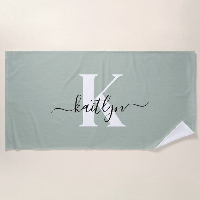 Modern Sage Green Script Monogram Beach Towel (Front)