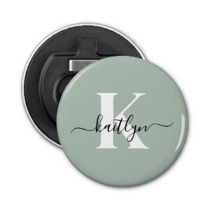 Modern Sage Green Script Monogram Bottle Opener