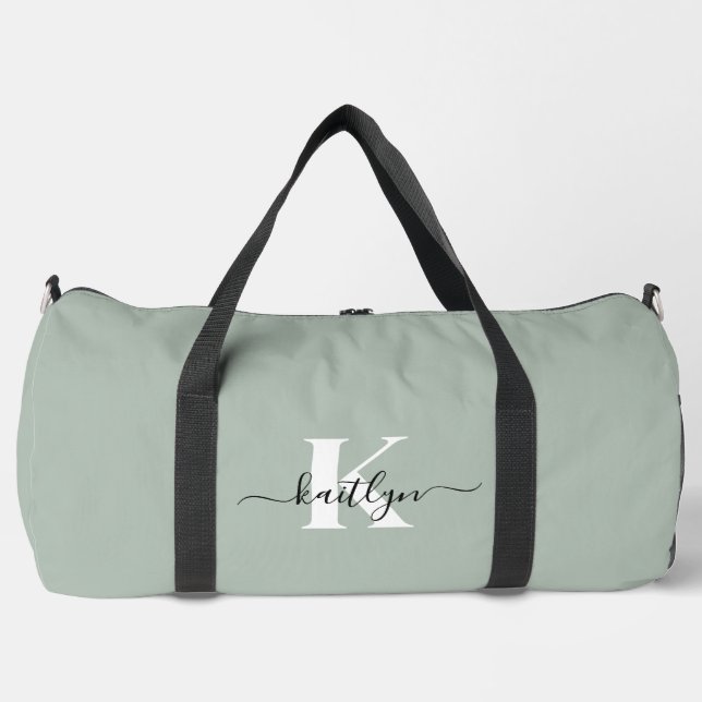Modern Sage Green Script Monogram Duffle Bag (Front)