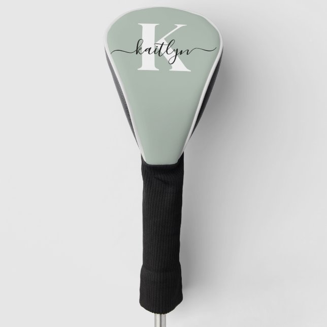Modern Sage Green Script Monogram Golf Head Cover (Front)