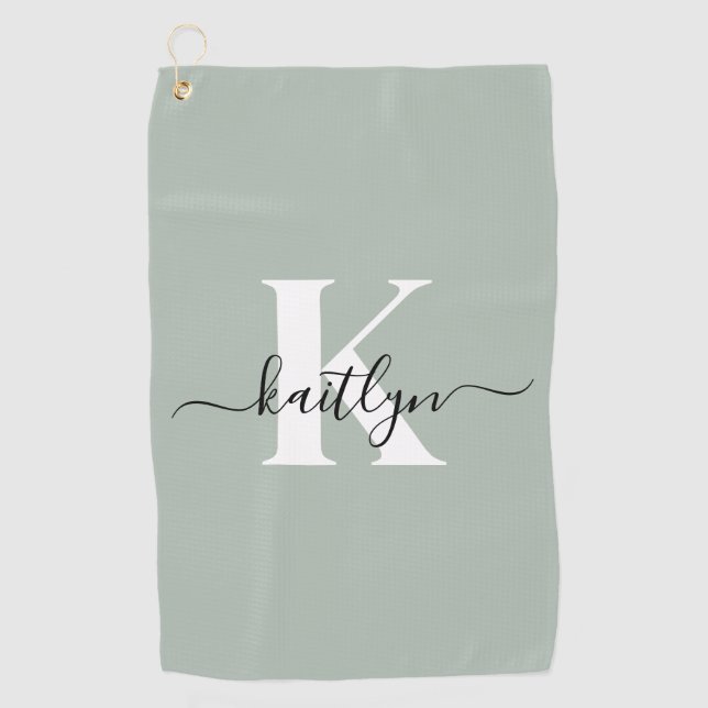 Modern Sage Green Script Monogram Golf Towel (Front)