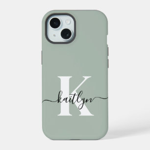 Modern Sage Green Script Monogram iPhone 15 Case