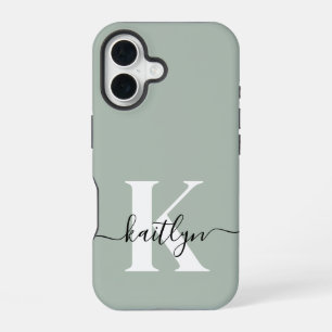 Modern Sage Green Script Monogram iPhone 16 Case