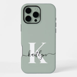 Modern Sage Green Script Monogram iPhone 16 Pro Max Case