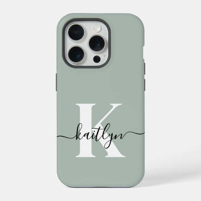 Modern Sage Green Script Monogram iPhone Case (Back)
