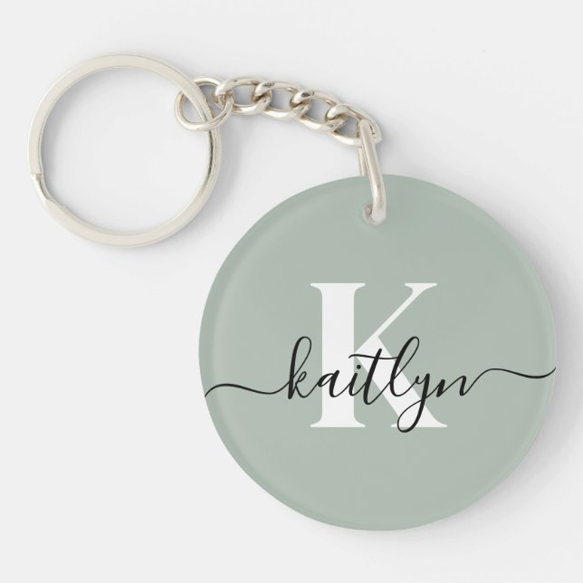 Modern Sage Green Script Monogram Key Ring (Front)