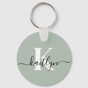 Modern Sage Green Script Monogram Key Ring
