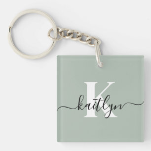 Modern Sage Green Script Monogram Key Ring