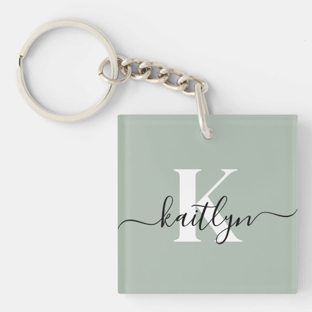 Modern Sage Green Script Monogram Key Ring (Front)
