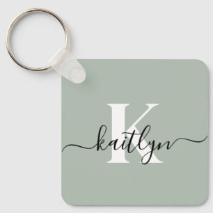 Modern Sage Green Script Monogram Key Ring