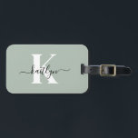 Modern Sage Green Script Monogram Luggage Tag<br><div class="desc">This simple, elegant sage green luggage tag with your first name in a trendy script font in black and your first initial in a modern cap font in white on one side and a slide in card for your name, address and phone number on the other would look fabulous on...</div>