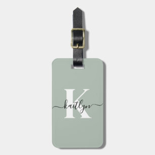Modern Sage Green Script Monogram Luggage Tag