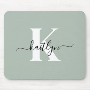 Modern Sage Green Script Monogram Mouse Mat