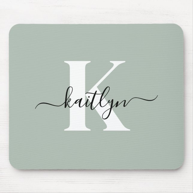 Modern Sage Green Script Monogram Mouse Mat (Front)