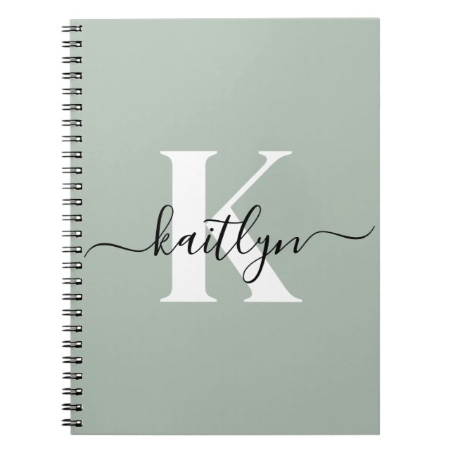 Modern Sage Green Script Monogram Notebook (Front)