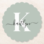 Modern Sage Green Script Monogram Paper Coaster<br><div class="desc">These simple, elegant sage green round fluted edge paper coasters with your first name in a trendy script font in black and your first initial in a modern cap font in white are perfect for keeping your tables and counters free from water rings. They absorb droplets so you don't have...</div>