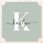 Modern Sage Green Script Monogram Paper Coaster<br><div class="desc">These simple, elegant sage green ticket shaped paper coasters with your first name in a trendy script font in black and your first initial in a modern cap font in white are perfect for keeping your tables and counters free from water rings. They absorb droplets so you don't have to...</div>