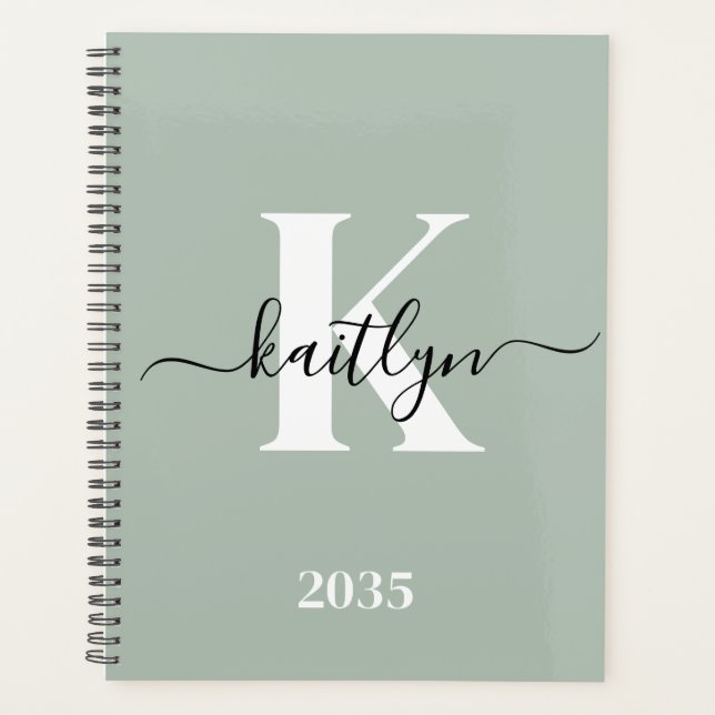 Modern Sage Green Script Monogram Planner (Front)