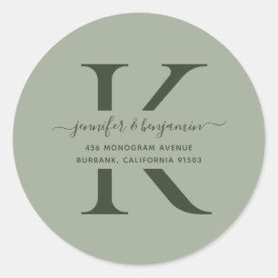 Modern Sage Green Script Monogram Return Address Classic Round Sticker