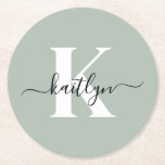 Modern Sage Green Script Monogram Round Paper Coaster<br><div class="desc">These simple, elegant sage green round paper coasters with your first name in a trendy script font in black and your first initial in a modern cap font in white are perfect for keeping your tables and counters free from water rings. They absorb droplets so you don't have to worry...</div>