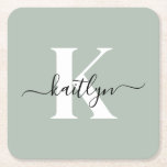 Modern Sage Green Script Monogram Square Paper Coaster<br><div class="desc">These simple, elegant sage green square paper coasters with your first name in a trendy script font in black and your first initial in a modern cap font in white are perfect for keeping your tables and counters free from water rings. They absorb droplets so you don't have to worry...</div>