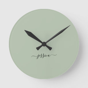 Modern sage green script name large clock