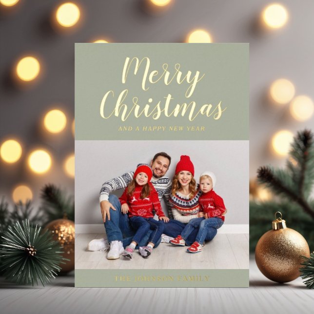 Modern Sage Green Script Photo Christmas Gold  Foil Holiday Card (Modern Sage Green Script Photo Christmas Gold Foil Holiday Card)