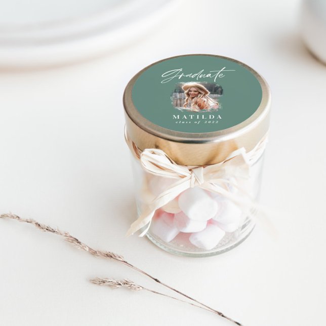 Modern sage green script photo elegant graduation classic round sticker (Creator Uploaded)