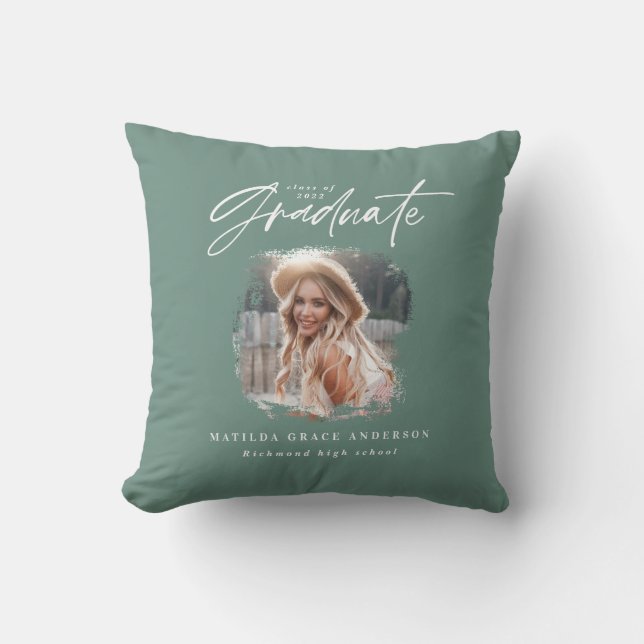 Modern sage green script photo elegant graduation cushion (Front)