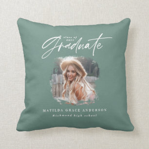 Modern sage green script photo elegant graduation cushion
