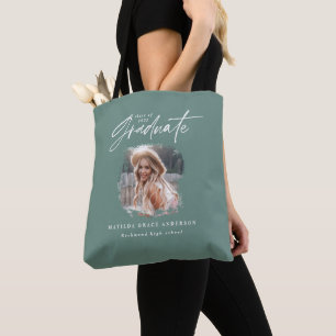 Modern sage green script photo elegant graduation tote bag