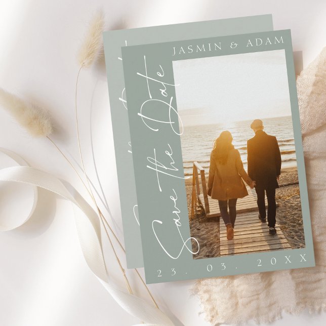 Modern Sage Green Script Photo Wedding Save The Date (Creator Uploaded)