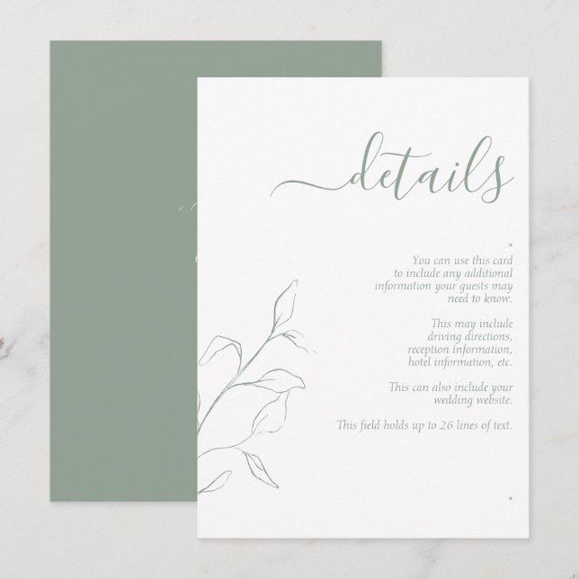 Modern Sage Green Script Wedding Details Enclosure Card (Front/Back)