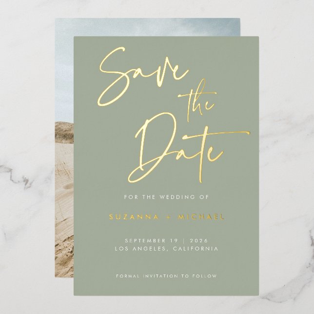 Modern Sage Green Script Wedding Save the Date (Front/Back)