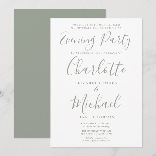 Modern Sage Green Signature Wedding Evening Party Invitation (Front/Back)