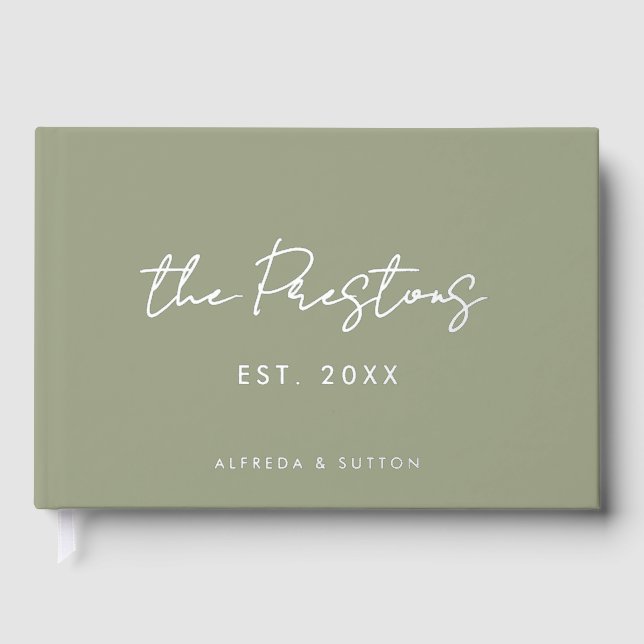 Modern Sage Green & Silver Foil Wedding Guest Book (Front)