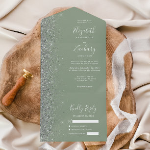 Modern Sage Green Silver Glitter Wedding All In One Invitation