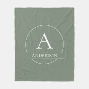 Modern Sage Green Simple Family Name Monogram Fleece Blanket