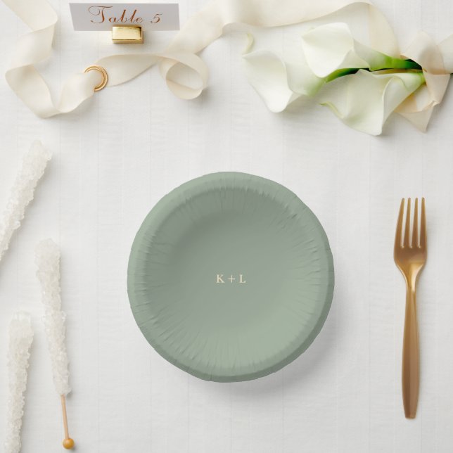 Modern Sage Green Simple Monogram Wedding Paper Plate (Wedding)