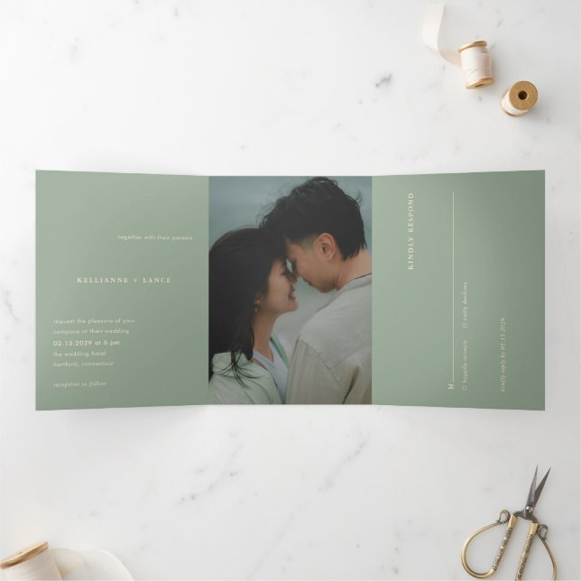 Modern Sage Green Simple Photo Wedding Tri-Fold Invitation (Inside)