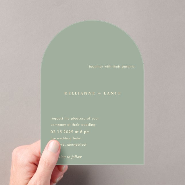 Modern Sage Green Simple Wedding Acrylic Invitations (Insitu (Handheld))